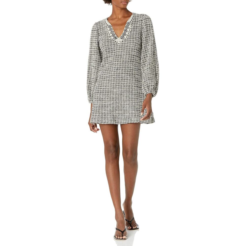 Max Studio Embellished Puff Sleeve Quarter Tweed Shift Mini Dress White Black L